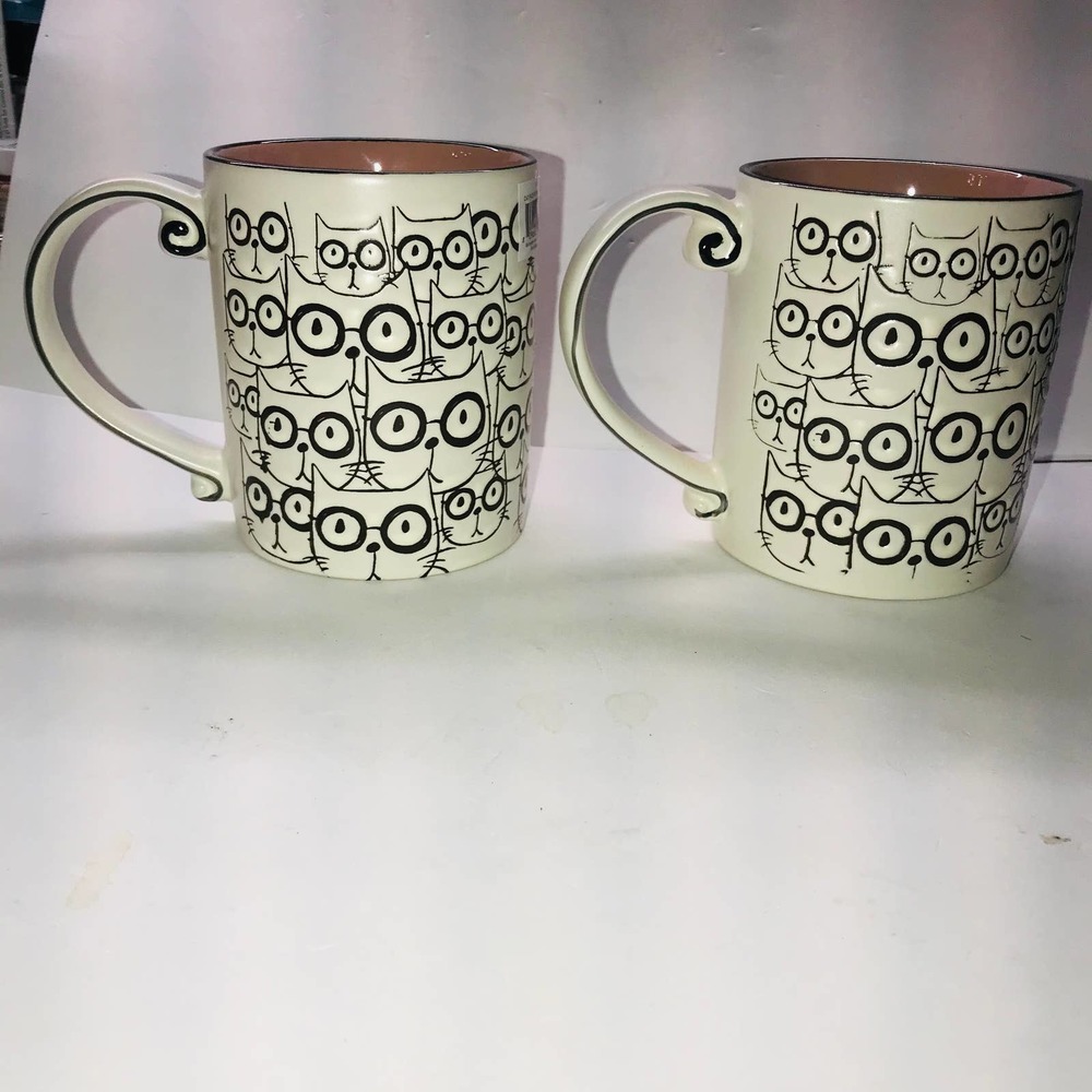 Cat Mug Set of 2 Spectrum Designz NEW Contemporary Cats Glasses Faces Pink - Picture 5 of 6